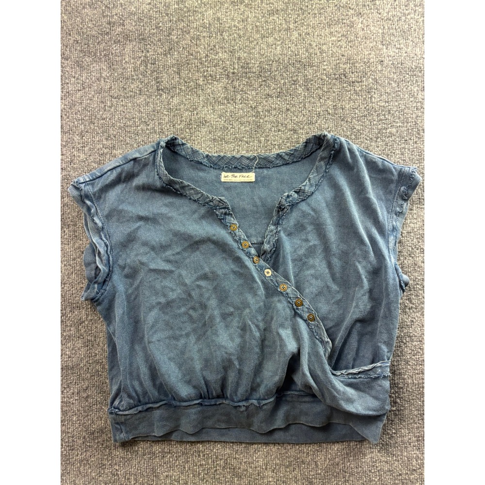 We The Free Top Womens XS Blue Short Sleeve Button Front Embroidered Back